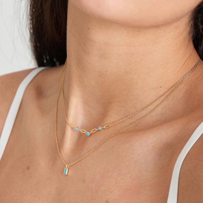 S925 Sterling Silver Paperclip Turquoise Clavicle Necklace