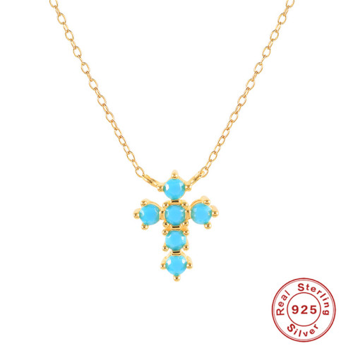 S925 Sterling Silver Geometric Turquoise Cross Water Drop Clavicle Necklace