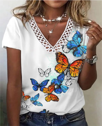 Women's Butterfly Top Lace V-Neck Loose Butterfly Print Short Sleeve Tee T-Shirt