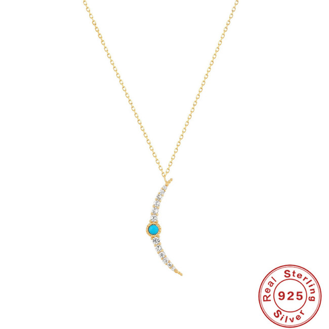 S925 Sterling Silver Turquoise Moon Fan Pendant Clavicle Chain Necklace
