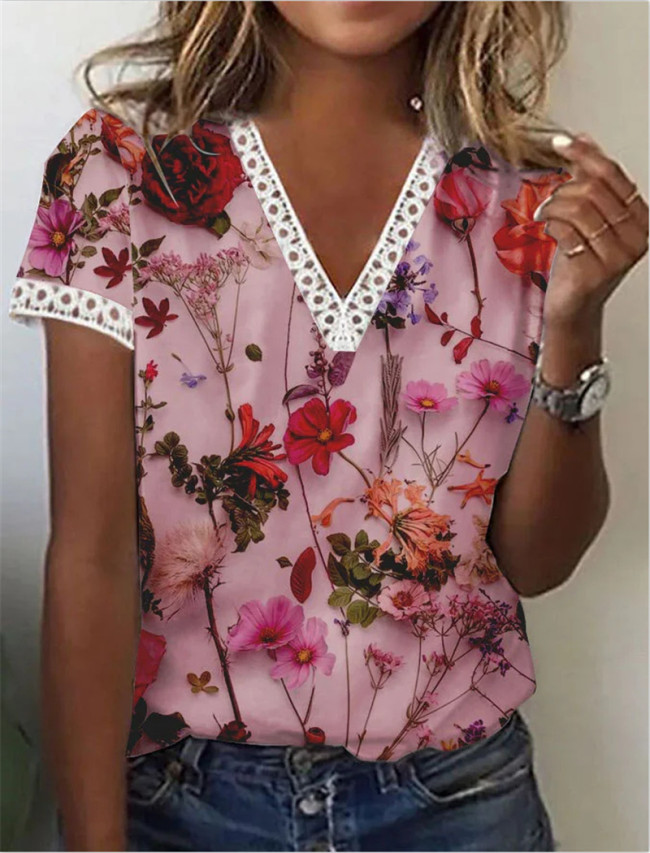 Women's Floral Top Lace V-Neck Loose Summer Floral Print Short Sleeve Tee T-Shirt