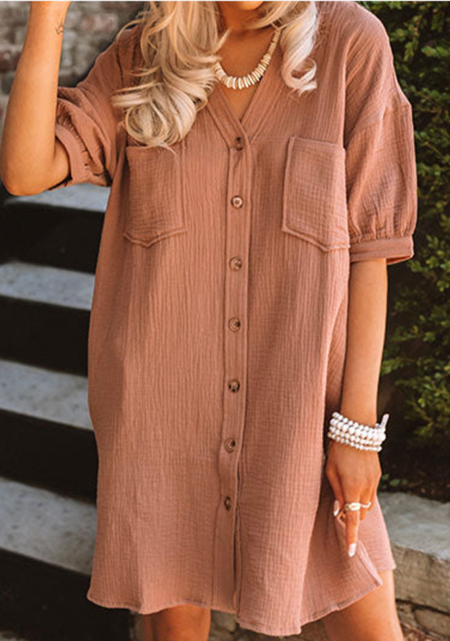 Brown Bubble Sleeve Shirt Dress for Holiday Vacation