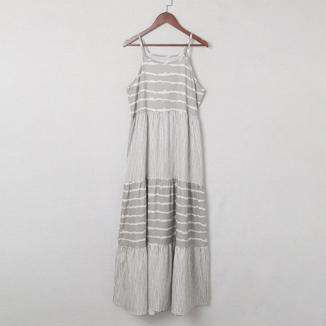 Grey Stripe Print Slip Maxi Holiday Beach Dress