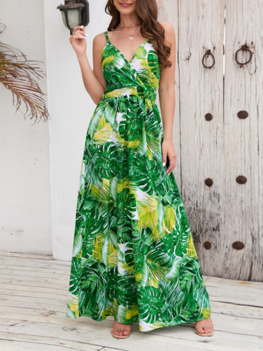 Women's Beach Dress Bohemian Boho Leaf Print V-Neck Spaghetti Dress