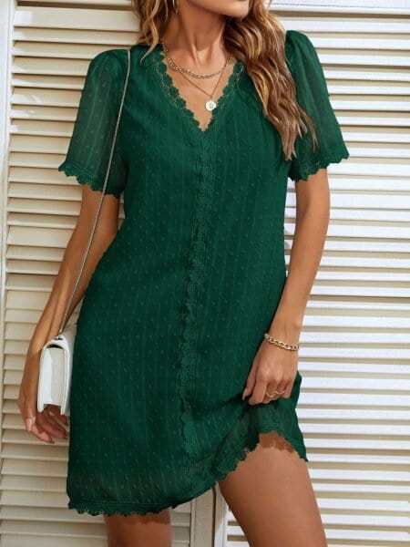 V-neck Casual Short-sleeved Lace Straight Dress