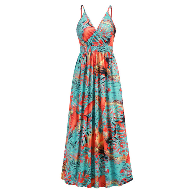 Women's Beach Dress Bohemian Boho Leaf Print V-Neck Spaghetti Dress