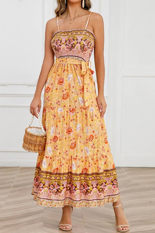 Women's Beach Dress Bohemian Boho Floral Print Spaghetti Strap Dress
