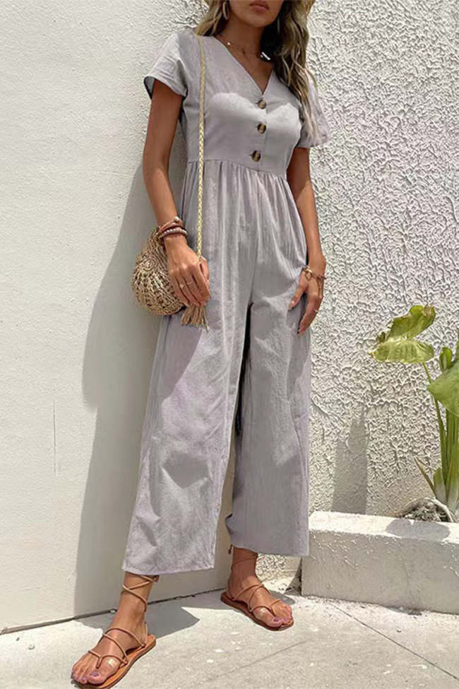 US$ 35.99 - Casual Solid Buttons V Neck Loose Jumpsuits(5 Colors) - www ...