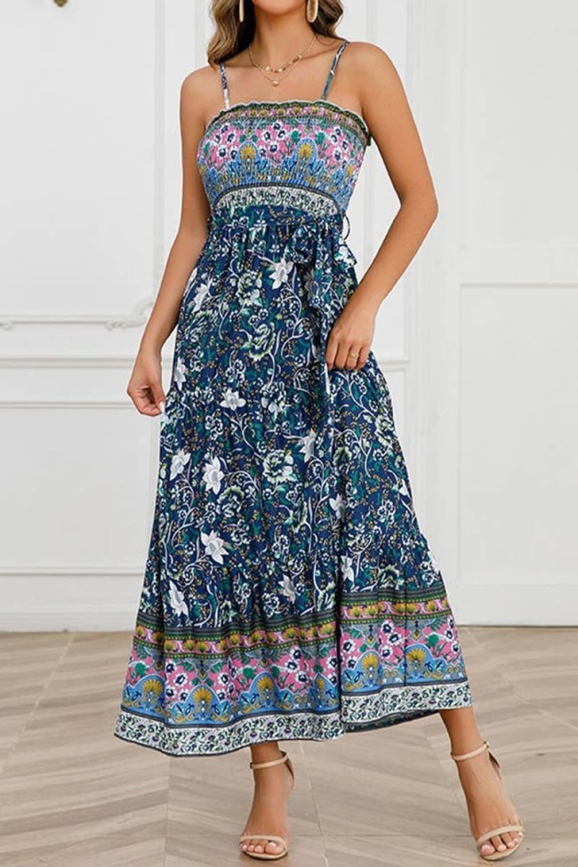 Women's Beach Dress Bohemian Boho Floral Print Spaghetti Strap Dress