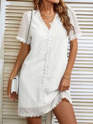 V-neck Casual Short-sleeved Lace Straight Dress