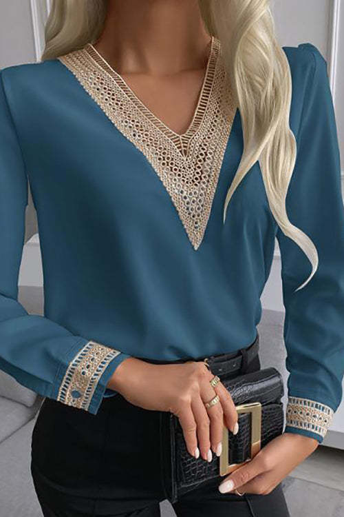 Women's Solid Shirt Lace Stitching V Neck Shirt