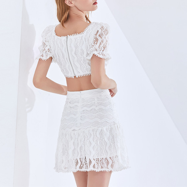 Womens Lace Sets Lace Crop Top and Wrapped Ruffled Lace Skirt Two Piece Set for Holiday Beach Photo Shoot