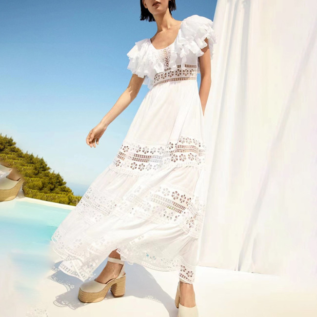Women's Vacation Dress Lace Embroidery Hollow Out Floral Dress High Waist Long Dress for Holiday Beach Photo Shoot