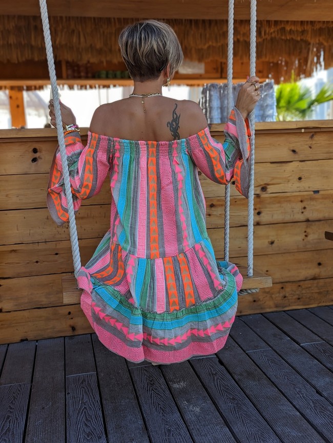 Women's Boho Beach Dress off Shoulder Bell Sleeve Bohemian Mini Dress