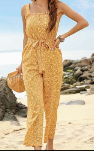 Women's Summer Jumpsuit Floral Print Yellow Casual Beach Holiday Jumpsuit