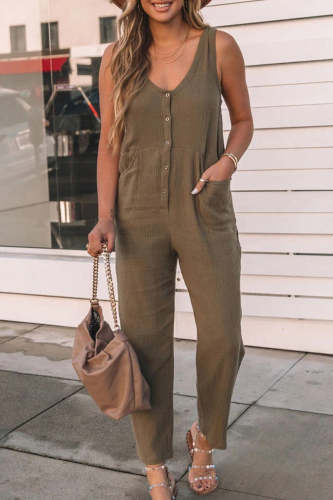 Casual Solid Pocket Buttons V Neck Loose Jumpsuits