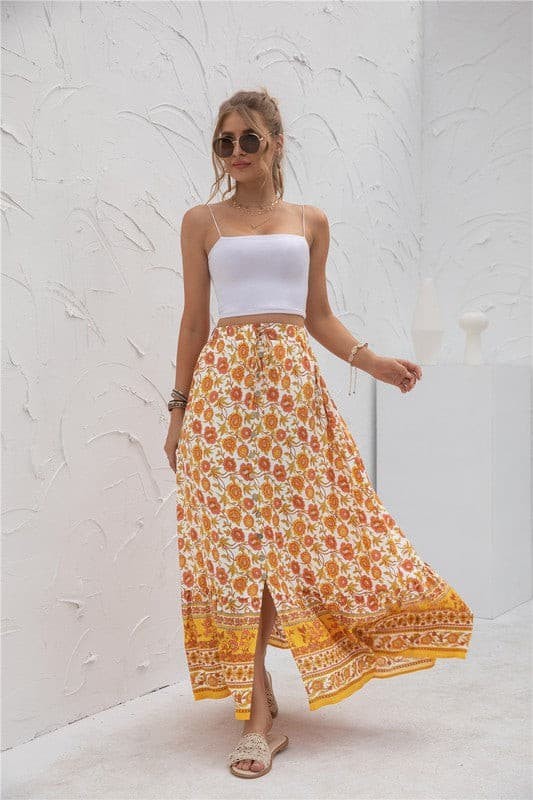 Women's Vacation Skirts Floral Print Single-Breasted Long Big Swing Skirt for Holiday Beach