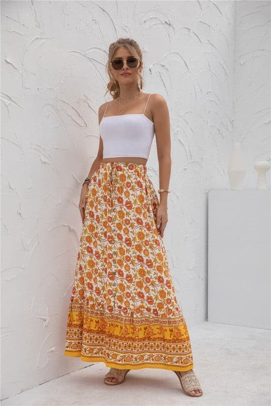 Women's Vacation Skirts Floral Print Single-Breasted Long Big Swing Skirt for Holiday Beach