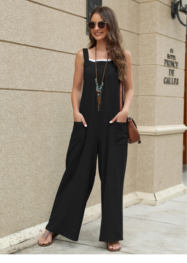 Women's Casual Loose Jumpsuits Solid Color Overall Jumpsuit with Pocket