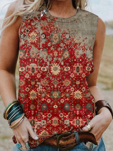 Women's Western Vintage Floral Rust Red Tribal Print Sleeveless Tank Shirt