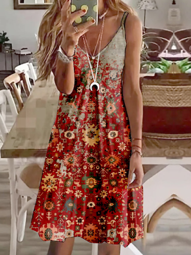 Women's Western Dress Midi Dress  Rust Red Floral Print Graphic Trible Print Sleeveless Floral Print Spring Summer V Neck