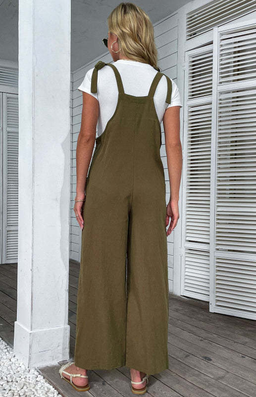 Women's Jumpsuits Solid Color Wide-leg Cotton and Linen Overalls