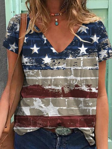 Women's US Flag Top American Flag Print Short Sleeve V-Neck T-Shirt