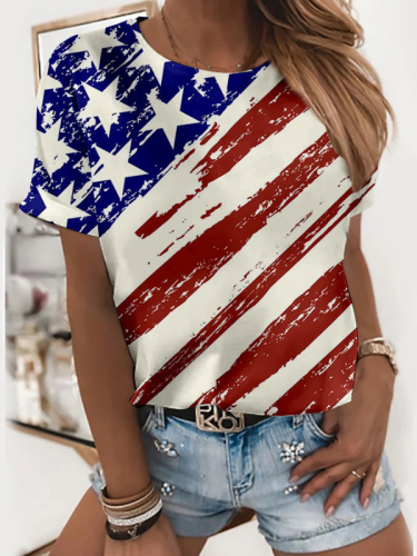 Women's Flag Top American Flag Print Short Sleeve Crew-Neck T-Shirt