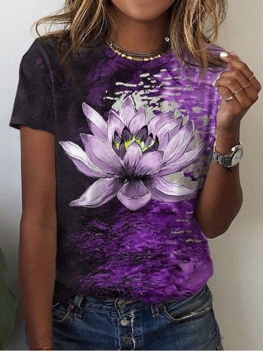 Women's Lotus Floral Print Top Crew Neck Casual Full Floral Tee