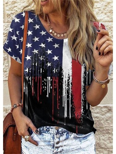 Women's Flag Top American Flag Print Short Sleeve Crew-Neck T-Shirt S-5XL