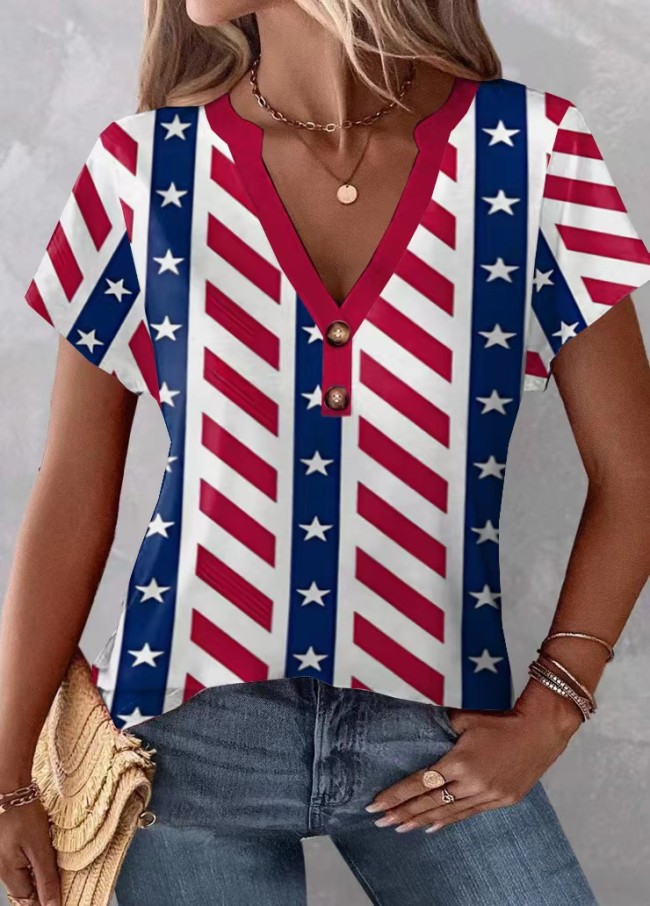 Women's Flag Top  Independence Day American Flag Print Short Sleeve V-Neck T-Shirt