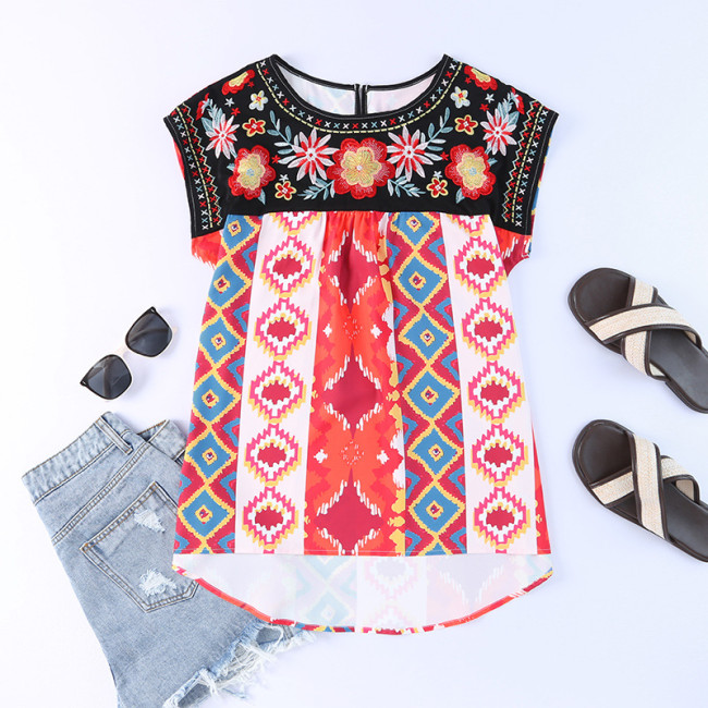 Women's Ethnic Top Embroidery Floral Aztec Print Chiffon T-Shirt Top