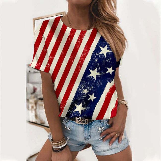 Women's Flag Top American Flag Print Short Sleeve Crew-Neck T-Shirt
