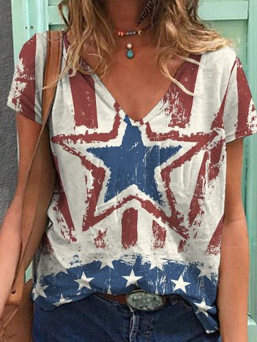 Women's Flag Top American Flag Print Short Sleeve V-Neck T-Shirt
