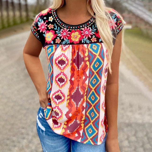 Women's Ethnic Top Embroidery Floral Aztec Print Chiffon T-Shirt Top