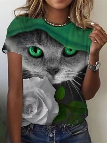 Women's Cat Top Full Lovely Cat Print Crew Neck T-Shirts