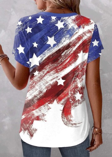 Women's Flag Top  Independence Day American Flag Print Short Sleeve V-Neck T-Shirt