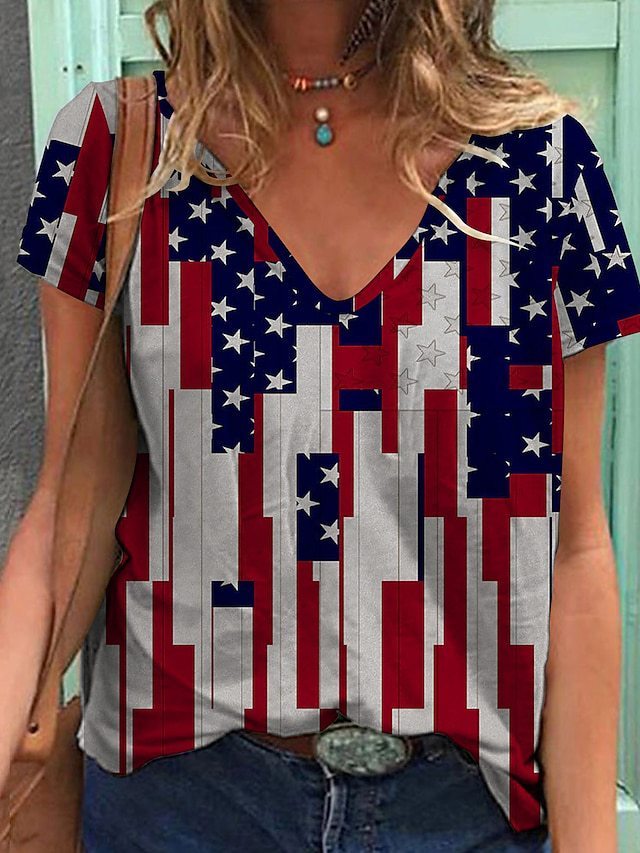 Women's Flag Top American Flag Print Short Sleeve V-Neck T-Shirt