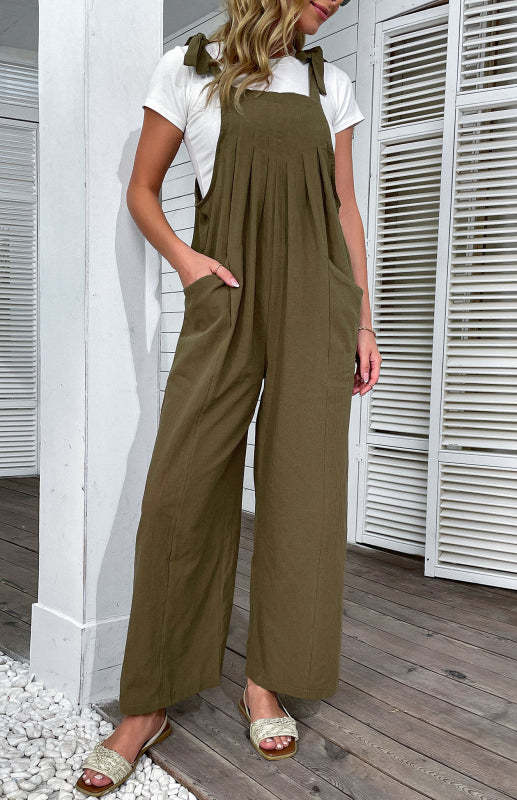 Women's Jumpsuits Solid Color Wide-leg Cotton and Linen Overalls