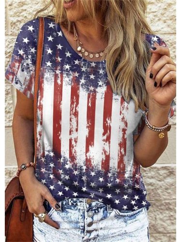 Women's Flag Top American Flag Print Short Sleeve Crew-Neck T-Shirt S-5XL