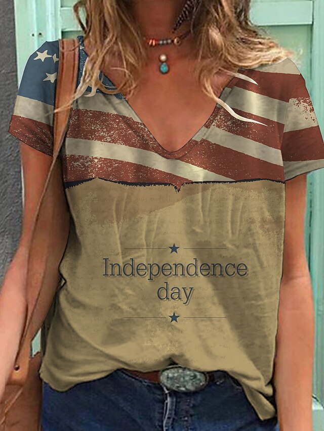 Women's US Flag Top American Flag Print Short Sleeve V-Neck T-Shirt