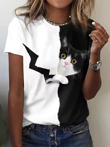 Women's Cat Top Full Lovely Cat Print Crew Neck T-Shirts