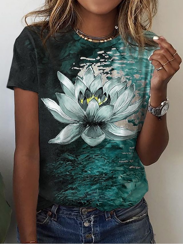 Women's Lotus Floral Print Top Crew Neck Casual Full Floral Tee