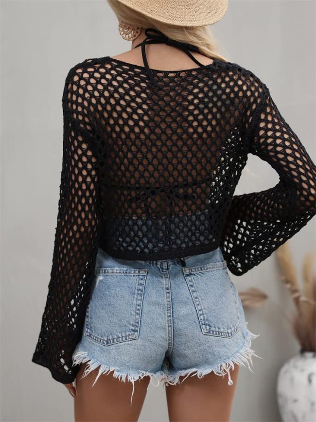 Women's Summer Knitted Crop Top Bell Sleeve Loose Crew Neck Hollow out Knitted Sweater
