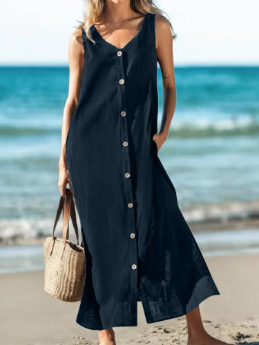 Women's Linen Dresses Solid Sleeveless V-Neck Single-Breasted Cotton Linen Casual Midi Dress