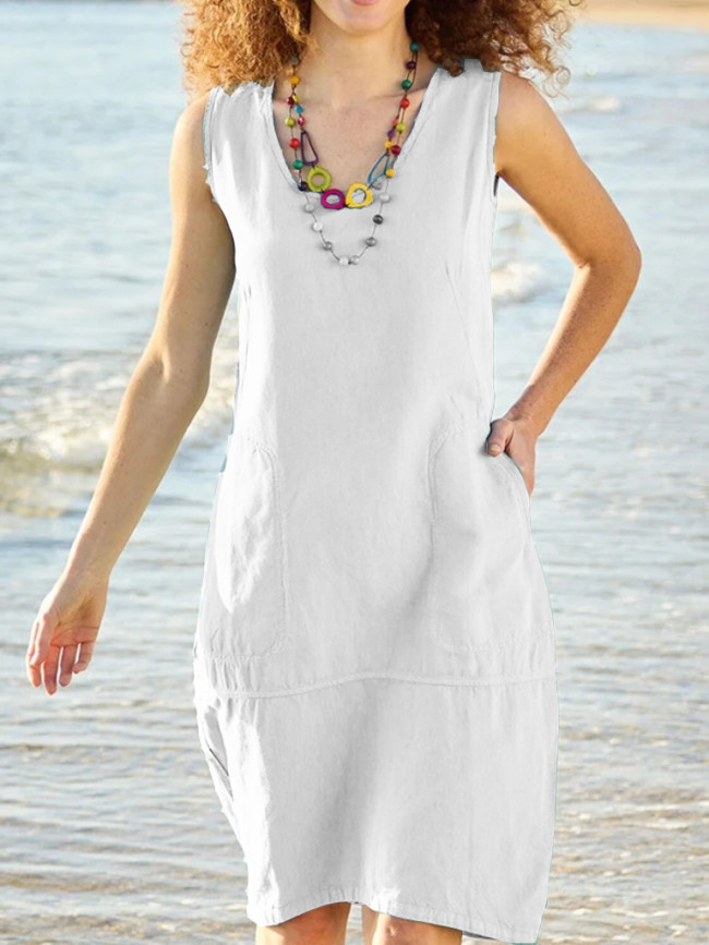 Women's Linen Dresses Solid Sleeveless U-Neck Cotton Linen Casual Midi Dress