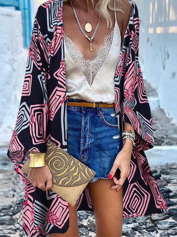 Women's Open Summer Beach Cover Casual Abstract Geometric Print Doll Sleeve Cardigan