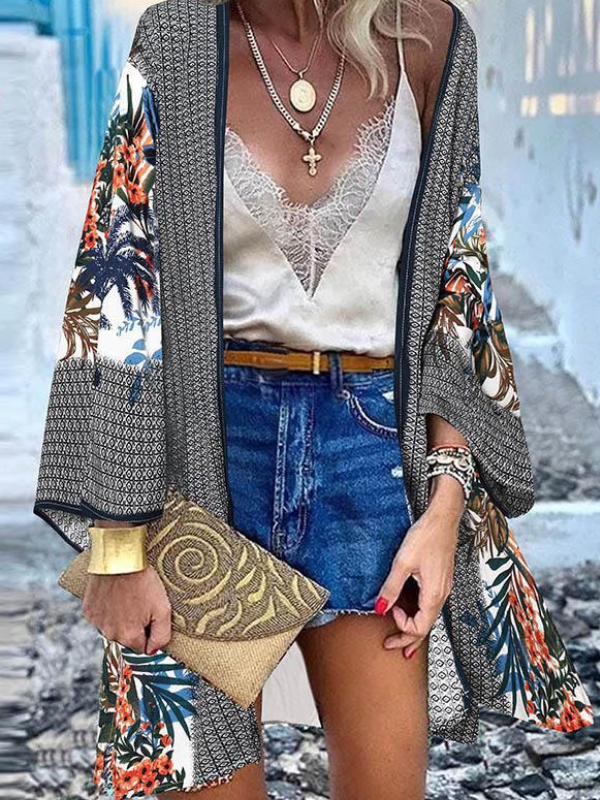 Women's Open Summer Beach Cover Casual Retro Floral Print Doll Sleeve Cardigan