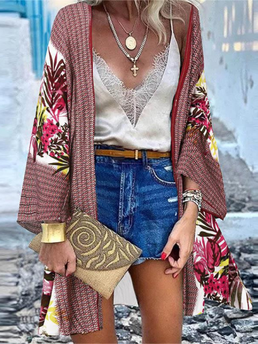 Women's Open Summer Beach Cover Casual Retro Floral Print Doll Sleeve Cardigan