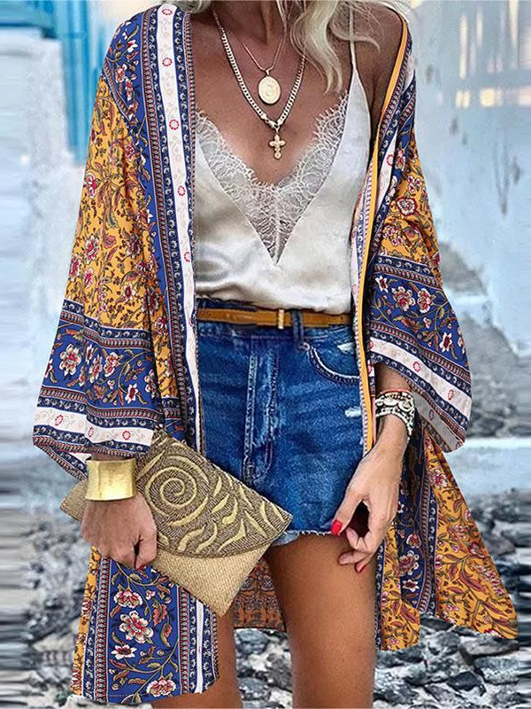 Women's Open Summer Beach Cover Casual Vintage Floral Print Doll Sleeve Cardigan